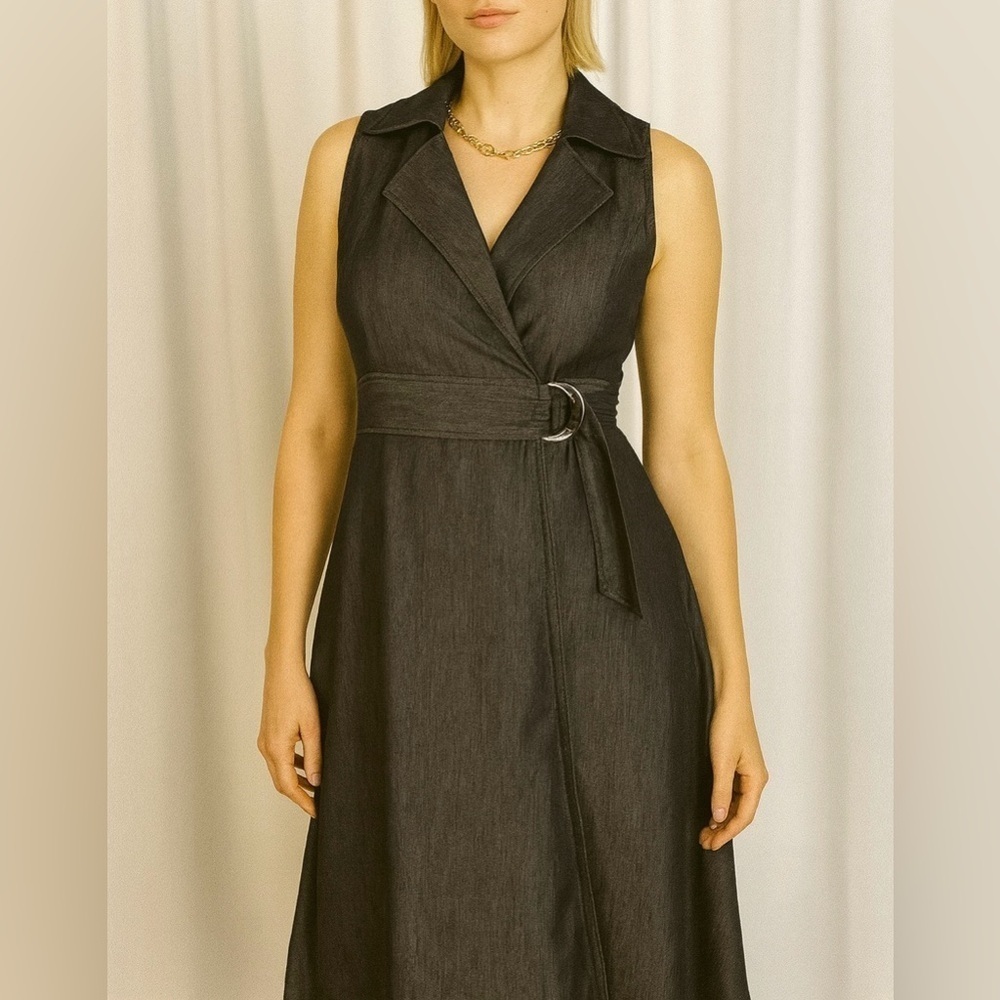 London Times Dark Blue Sleeveless Wrap Dress (1020)